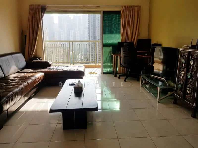 Living features: brown leather sectional sofa, wood coffee table, TV console, wall-mounted TV, large sliding glass door, floor-to-ceiling windows, curtains, tile flooring, computer desk with chair, decorative cabinet, city skyline view; style: modern; view: city.