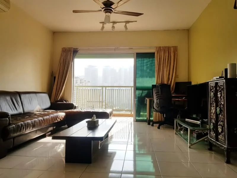Living features: 3-seater leather sofa in brown, coffee table, TV console, wall-mounted TV, area rug, ceiling fan, floor-to-ceiling windows, sliding glass door, curtains, tile flooring, decorative cabinet, computer desk with chair; style: modern; view: city.