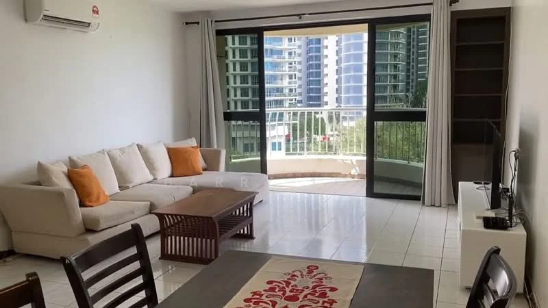 Living features: 3-seater fabric sofa in beige, orange accent cushions, wooden coffee table, TV console, wall-mounted TV, floor-to-ceiling windows, sliding glass door, curtains, white painted walls, tile flooring, 1 wall-mounted split AC, decorative table runner; style: modern; view: city.