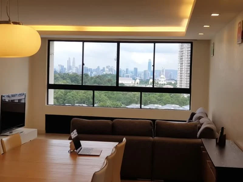 Living features: floor-to-ceiling windows, city skyline view, sofa in grey fabric, wooden dining table, white dining chairs, recessed downlights, pendant light, TV console, wall-mounted TV, decorative wall art; style: modern; view: city.