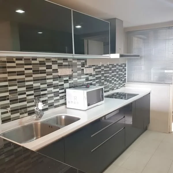 Kitchen features: black glossy cabinetry, white countertop, double-bowl stainless-steel sink, chrome pull-down faucet, built-in microwave, 4-burner gas hob, black and white mosaic tile backsplash, under-cabinet lighting, window with blinds, ceramic tile flooring; style: modern.