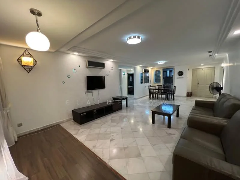 Living features: marble tile flooring, white painted walls, recessed downlights, 5-blade ceiling fan with light, wall-mounted TV, black TV console, brown leather sofa, wooden coffee table, dining table with chairs, air conditioning unit, decorative wall art, curtains, open layout, natural light from windows; style: modern.