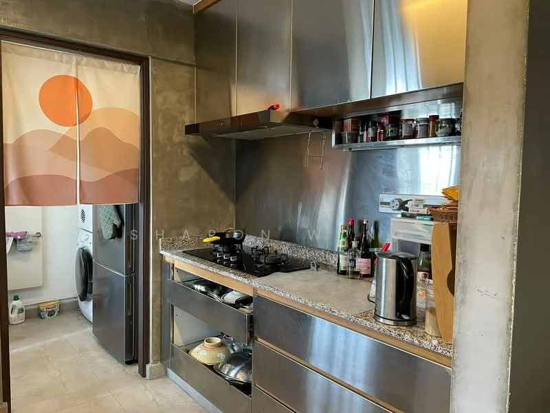 Kitchen features: stainless-steel cabinetry, granite countertop, built-in gas stove, stainless-steel range hood, kettle, various bottles and jars on shelves, open shelving, tile backsplash, floor-to-ceiling window, light-colored tile flooring; style: modern. Laundry features: front-load washing machine, dryer, shelves above appliances.