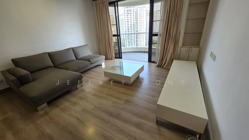 Living features: L-shape sectional sofa in grey, white coffee table, white TV console, floor-to-ceiling windows, curtains, wooden flooring, neutral wall color, built-in shelving unit; style: modern; view: city.