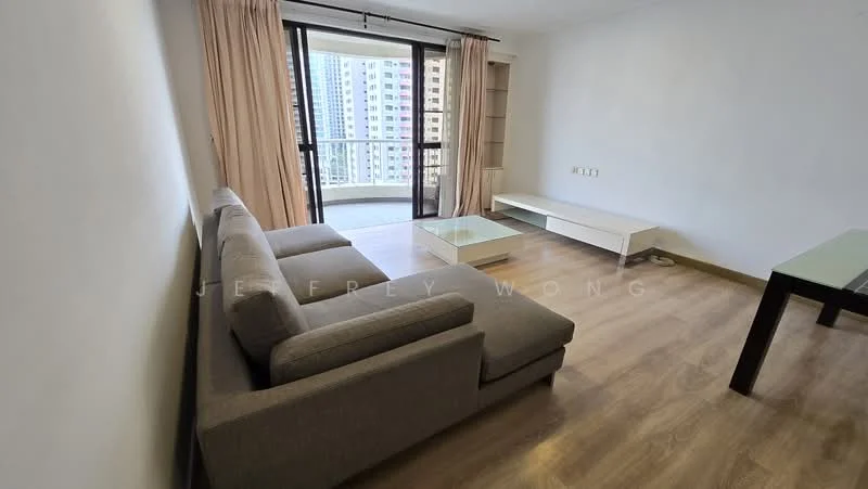 Living features: grey fabric L-shape sectional sofa, glass coffee table, white TV console, floor-to-ceiling windows, sliding glass door, curtains, laminate flooring, built-in shelving unit; style: modern; view: city.