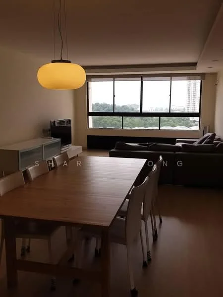 Dining features: wooden dining table, 8 white dining chairs, pendant light fixture, large window with city view, light wood flooring, neutral painted walls, sideboard cabinet, open layout to living area; style: modern; view: city. Living features: L-shape sectional sofa in grey, large window with city view, light wood flooring, neutral painted walls, coffee table, TV console, wall-mounted TV; style: modern; view: city.