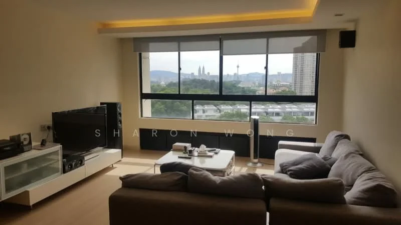 Living features: floor-to-ceiling windows, grey fabric sectional sofa, coffee table, TV console, wall-mounted TV, light wood flooring, recessed LED downlights, decorative floor lamp, white painted walls, city skyline view; style: modern; view: city.