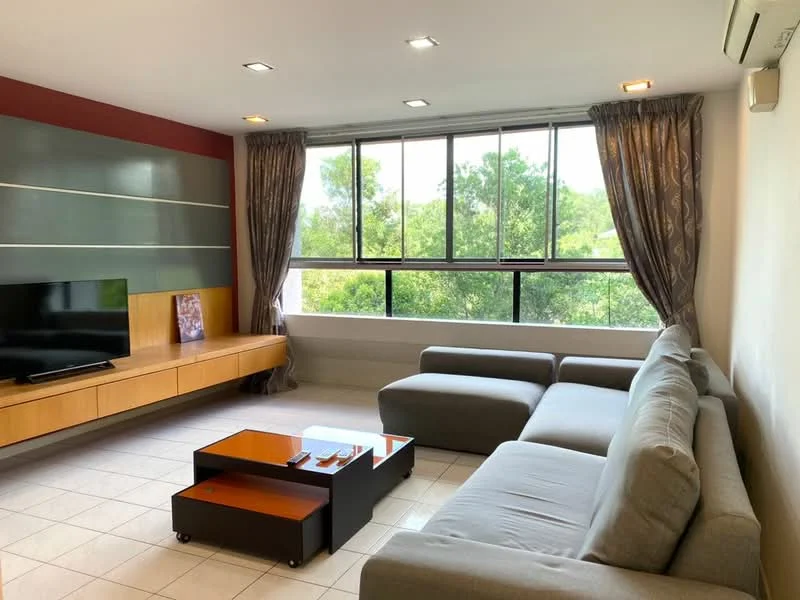 Living features: L-shape sectional sofa in grey, coffee table with wooden top and black base, wall-mounted TV, wooden TV console, floor-to-ceiling windows, sheer curtains, recessed downlights, cream tiled flooring, air conditioning unit; style: modern; view: garden.