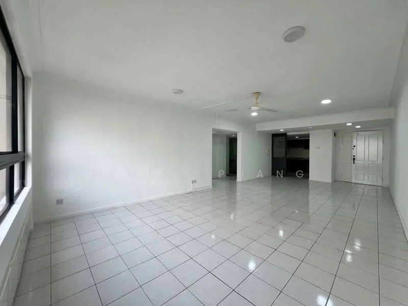 Living features: white painted walls, glossy white floor tiles, 5-blade ceiling fan with light, recessed downlights, large windows, open layout, neutral color scheme, no visible furniture; style: modern. Room features: white painted walls, glossy white floor tiles, 5-blade ceiling fan with light, recessed downlights, large windows, open layout, neutral color scheme, no visible furniture.