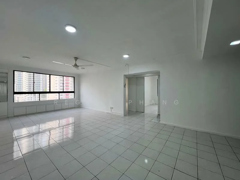 Living features: white painted walls, glossy white ceiling, recessed downlights, 5-blade ceiling fan, large floor-to-ceiling windows, tile flooring, open layout, natural light, neutral color palette; style: modern; view: city.
