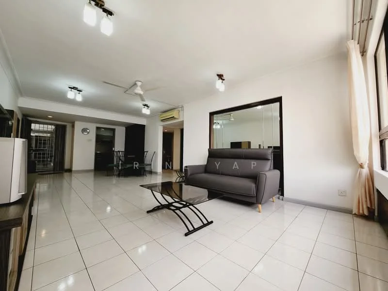 Living features: 3-seater fabric sofa in grey, glass coffee table, white painted walls, ceramic tile flooring, ceiling fan, recessed downlights, large windows with sheer curtains, open layout to dining area, wall-mounted TV, dining table visible in background; style: modern.
