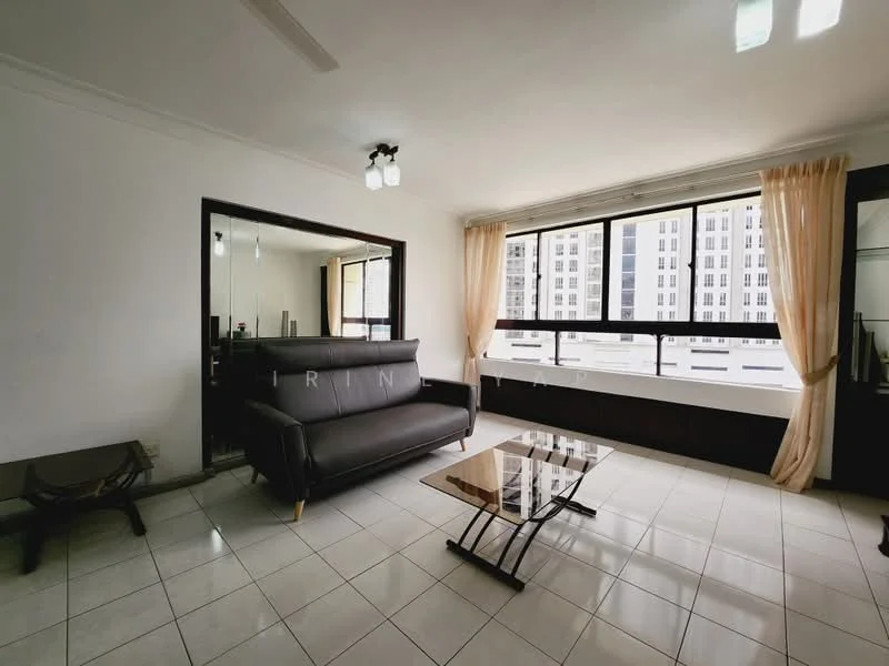 Living features: black leather sofa, glass coffee table, white painted walls, tile flooring, large windows with city view, sheer curtains, ceiling light fixture, mirror on wall; style: modern; view: city.