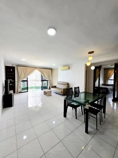 Living features: white painted walls, glossy white tile flooring, recessed downlights, 5-blade ceiling fan, sofa in beige fabric, glass-top dining table, black dining chairs, TV console, floor-to-ceiling windows with sheer curtains, air conditioning unit; style: modern; view: city.