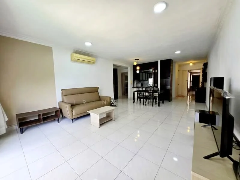 Living features: cream painted walls, white tiled flooring, 5-blade ceiling fan with light, sofa in beige, coffee table in light wood, TV console, wall-mounted TV, dining table with chairs, recessed lighting, air conditioning unit; style: modern.