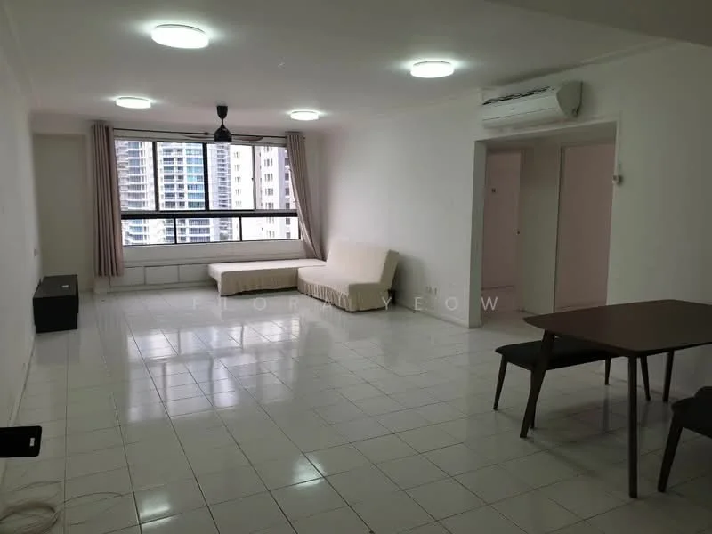 Living features: white painted walls, glossy white tile flooring, 5-blade ceiling fan with light, floor-to-ceiling windows, curtains, sofa, dining table with chairs, air conditioning unit; style: modern; view: city.
