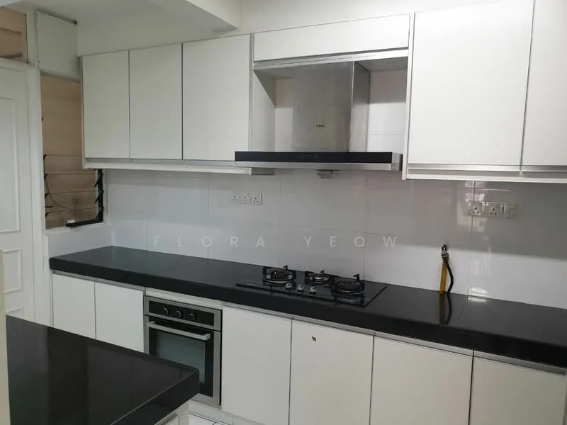 Kitchen features: white cabinetry, black countertop, stainless-steel gas hob, built-in oven, white tiled backsplash, exhaust hood, single-bowl stainless-steel sink, wall-mounted faucet, sliding window, light fixture, black kitchen island, open shelving; style: modern.