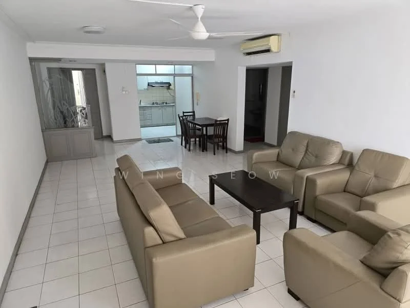 Living features: 3-seater leather sofa in beige, 2-seater leather sofa in beige, coffee table, ceiling fan, wall-mounted air conditioning unit, white painted walls, tile flooring, large windows, area rug; style: modern. Dining features: 4-seater dining table, wooden dining chairs, white painted walls, tile flooring; style: modern. Kitchen features: kitchen cabinets, stainless-steel sink, built-in oven, stove, white tiled backsplash, tile flooring; style: modern.