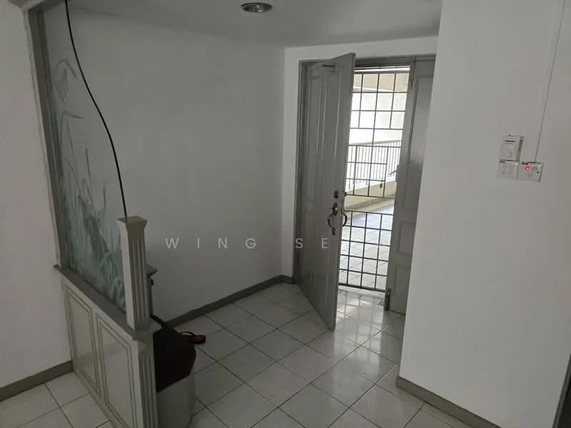 Room features: white painted walls, tile flooring, double door, glass panel door, light fixture on ceiling, corner bench, metal railing, window with view to outside.