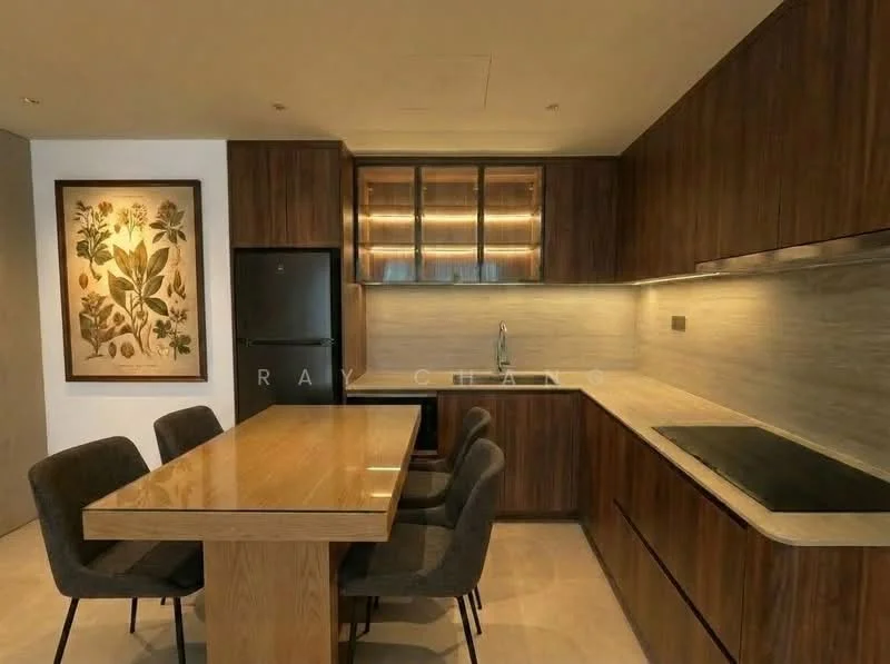 Kitchen features: wood cabinetry, black refrigerator, stainless-steel sink, chrome pull-down faucet, stone countertop, built-in oven, induction cooktop, 4 dining chairs, wood dining table, recessed lighting, wall-mounted cabinets with glass doors, decorative wall art with botanical theme; style: modern.