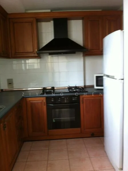 Kitchen features: wood cabinetry, black countertop, stainless-steel range hood, built-in oven, 4-burner gas hob, white fridge, microwave, white tiled backsplash, pink tile flooring.