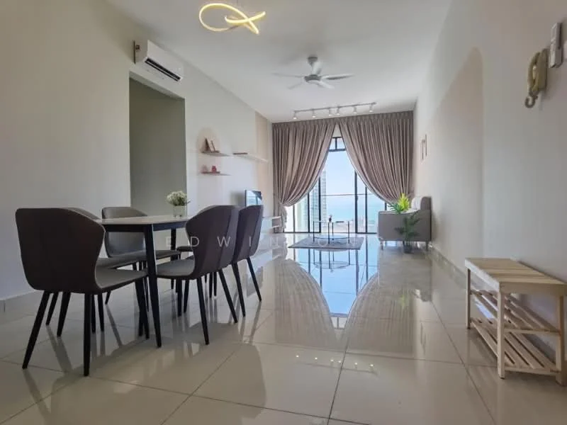 Living features: floor-to-ceiling windows, sliding glass door, curtains, 5-blade ceiling fan with light, recessed downlights, polished ceramic tile flooring, neutral painted walls, decorative wall shelf, indoor plants, dining table with four chairs, sofa, coffee table; style: modern; view: city.