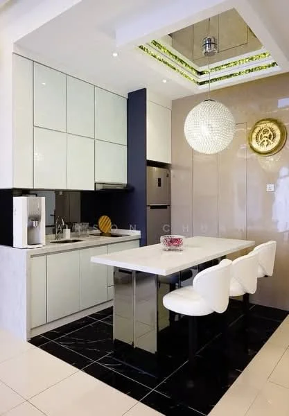 Kitchen features: white glossy cabinetry, black accent wall, marble countertop, stainless-steel fridge, built-in oven, 4-burner gas hob, single-bowl stainless-steel sink, chrome pull-down faucet, pendant light fixture, recessed ceiling lights, black tile flooring, white tile backsplash, breakfast bar with seating for 3; style: modern.