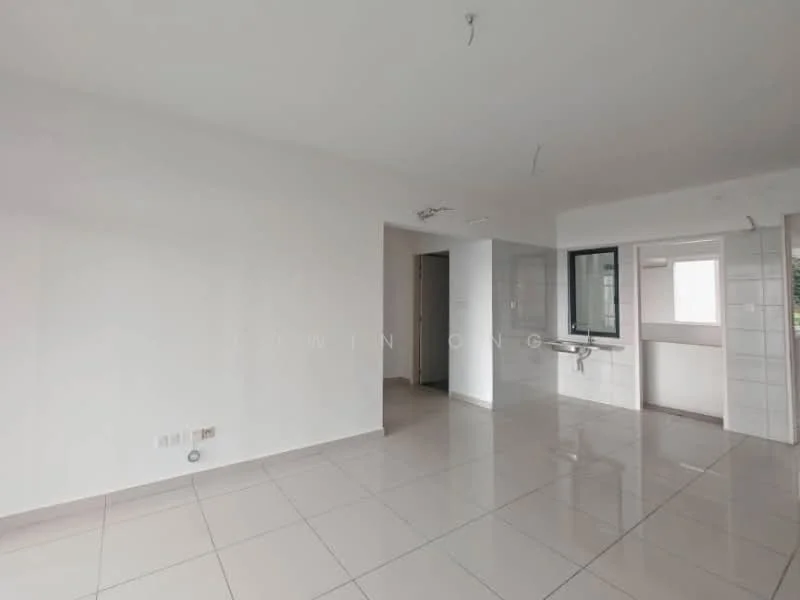 Room features: white painted walls, glossy ceramic tile flooring, large window with black frame, sink with wall-mounted faucet, open layout, neutral color scheme, recessed ceiling lights, doorway leading to another room; style: modern.