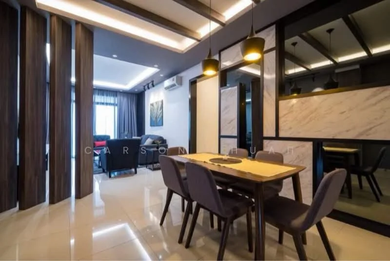 Dining features: dining table with four chairs, marble tabletop, grey upholstered chairs, recessed ceiling lights, wood paneling on walls, large mirror on wall, open layout to living area, floor-to-ceiling windows, cream tiled flooring; style: modern; view: city. Living features: sofa in dark blue fabric, coffee table, TV console, wall-mounted TV, decorative artwork on wall, curtains on windows; style: modern; view: city.