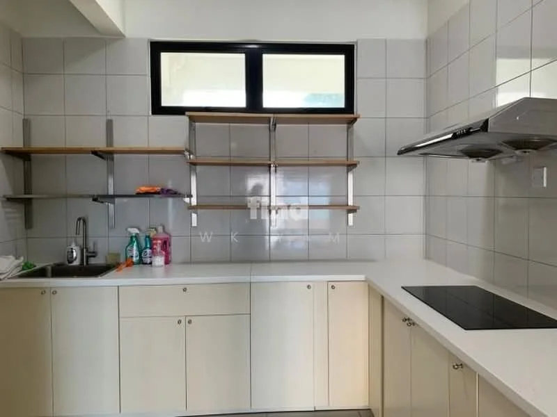 Kitchen features: single-bowl stainless-steel sink, chrome pull-down faucet, white laminate countertop, built-in induction hob, white cabinetry with flat-panel doors, open shelving, grey tiled backsplash, grey tiled flooring, window above sink, recessed downlights; style: modern.