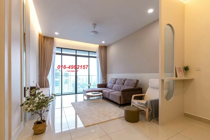 Living features: 3-seater fabric sofa in grey, coffee table, area rug, floor-to-ceiling windows, curtains, ceiling fan, wall-mounted TV, decorative plant, light-colored walls, glossy tile flooring, side table, accent chair; style: modern; view: city.
