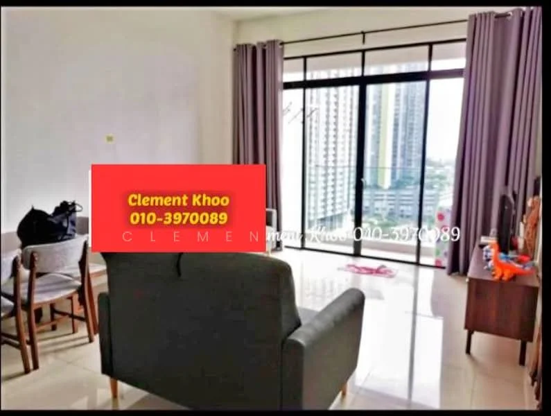 Living features: floor-to-ceiling windows, grey fabric sofa, wooden dining table with chairs, light-colored walls, marble tile flooring, curtains, TV console, decorative items on console; style: modern; view: city.