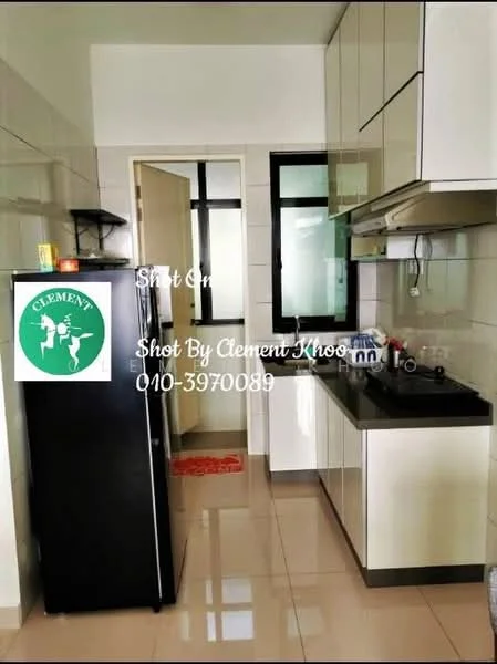 Kitchen features: black countertop, white cabinetry, stainless-steel sink, chrome pull-down faucet, built-in gas stove, exhaust hood, black refrigerator, ceramic tile flooring, white tiled backsplash, window with black frame, red rug; style: modern.