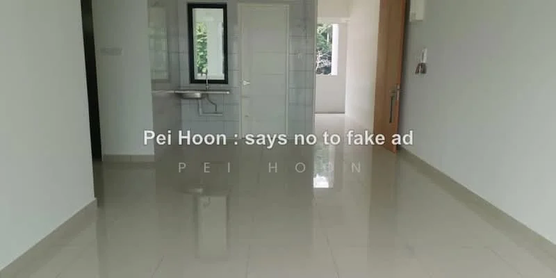 Room features: white painted walls, glossy tile flooring, large window, doorway leading to another room, kitchenette area with sink, neutral color scheme; style: modern.