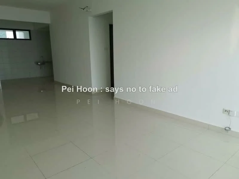 Room features: white painted walls, glossy ceramic tile flooring, large windows, open layout, no visible furniture, neutral color scheme, ceiling light fixture, corner wall outlet; style: modern.