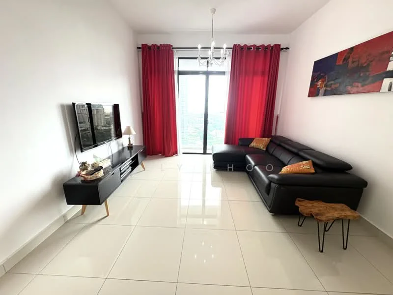 Living features: black leather sectional sofa, glass coffee table, TV console with storage, wall-mounted flat-screen TV, white painted walls, white tiled flooring, red curtains, chandelier with multiple bulbs, decorative artwork on wall, floor-to-ceiling windows with city view; style: modern; view: city.