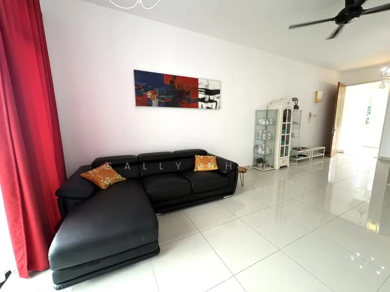 Living features: black leather sectional sofa, orange decorative cushions, white painted walls, glossy white tile flooring, ceiling fan, red curtains, abstract wall art, glass display cabinet, doorway leading outside; style: modern.