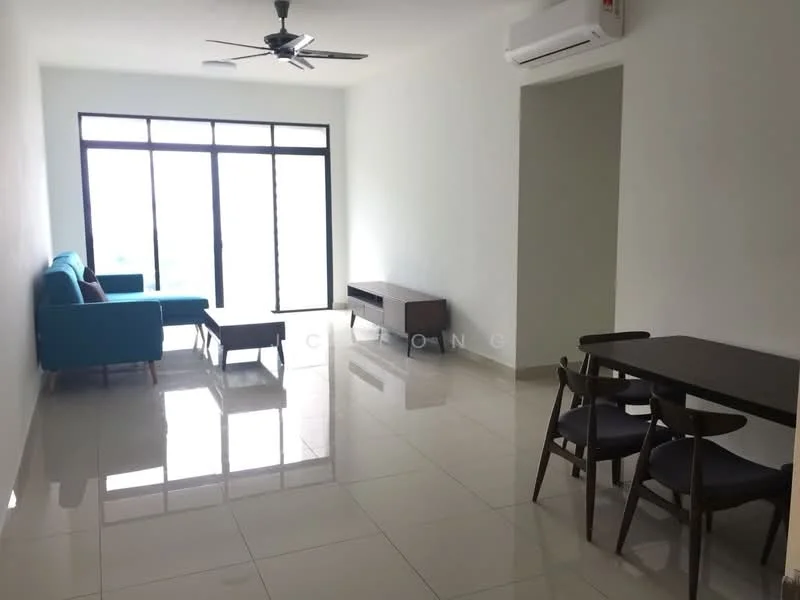 Living features: 3-seater fabric sofa in teal, coffee table, TV console, wall-mounted TV, dining table for 4 with upholstered chairs, floor-to-ceiling windows, white painted walls, polished ceramic tile flooring, ceiling fan, wall-mounted split AC; style: modern; view: city.