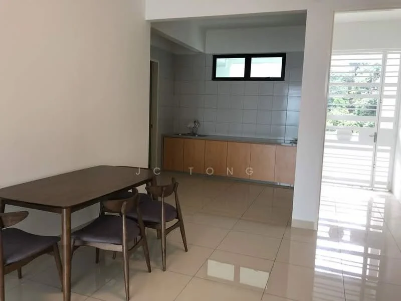 Dining features: 4-seater wooden dining table, wooden dining chairs, glossy tile flooring, white painted walls, large window with horizontal slats, kitchenette with wooden cabinetry, grey tiled backsplash, sink, countertop, open layout to kitchen; style: modern.