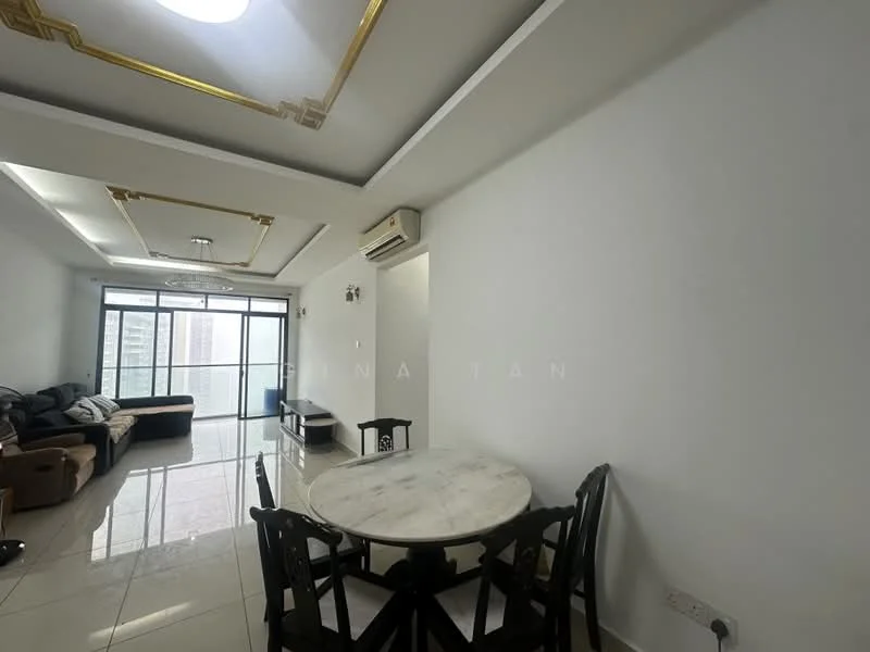 Living features: white painted walls, marble tile flooring, tray ceiling with recessed lighting, 5-blade ceiling fan, floor-to-ceiling windows, blackout curtains, sofa in beige fabric, coffee table, TV console, dining table with marble top, 4 dining chairs, air conditioning unit; style: modern; view: city.