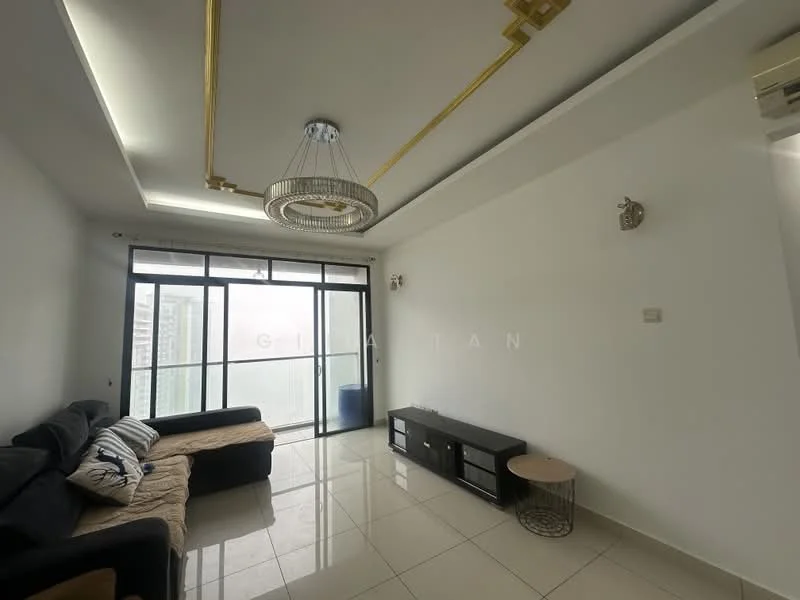 Living features: black fabric sofa, white walls, glossy tile flooring, recessed downlights, chandelier, floor-to-ceiling windows, sliding glass door, TV console, decorative wall sconces, gold accent ceiling design; style: modern; view: city.