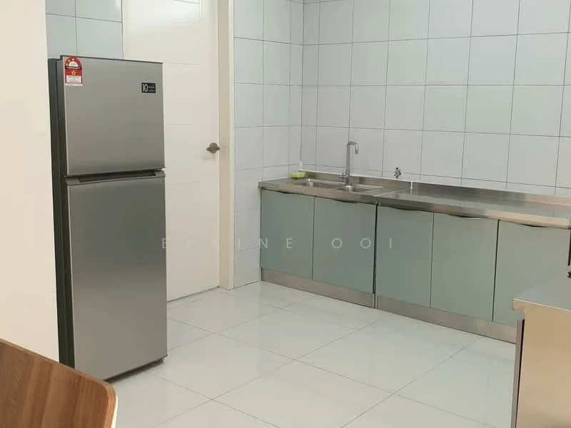 Kitchen features: stainless-steel fridge, single-bowl stainless-steel sink, chrome pull-down faucet, grey cabinetry, stainless-steel countertop, white tiled walls, white tiled flooring, wall-mounted cabinets; style: modern.