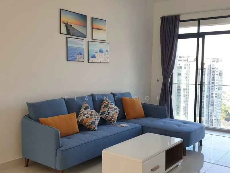 Living features: blue fabric sectional sofa, orange accent pillows, white coffee table, framed artwork on walls, floor-to-ceiling windows, curtains, city view, light-colored tiled flooring; style: modern; view: city.