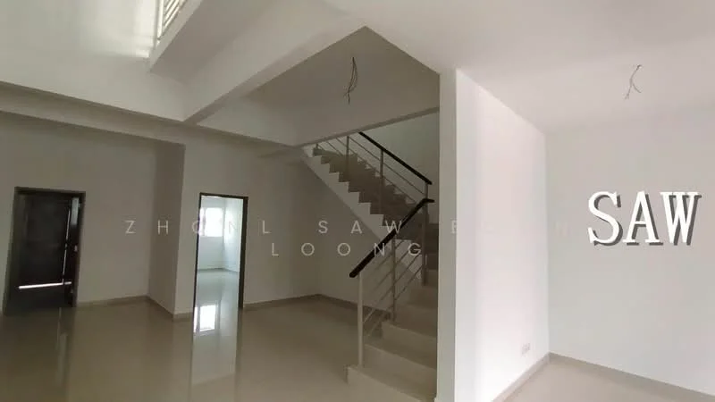 Room features: white painted walls, polished floor tiles, staircase with metal railing, high ceiling, large windows, open layout, doorway leading to another room, natural light from windows; style: modern.