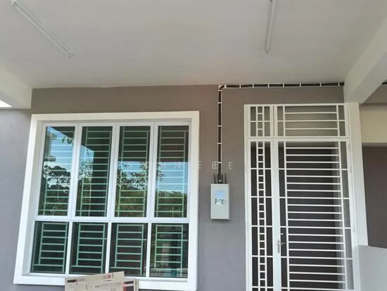 Exterior features: white painted facade, grey accent wall, large windows with green grilles, security grille door, electrical meter box, concrete flooring, exposed ceiling with light fixtures; style: modern.