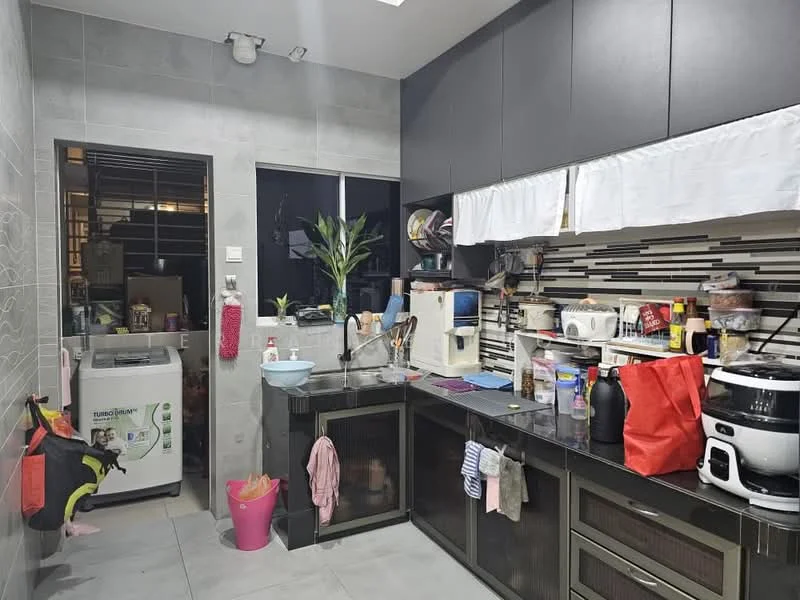 Kitchen features: black cabinetry, grey tiled walls, grey floor tiles, stainless-steel sink, chrome pull-down faucet, kitchen countertop with backsplash, built-in microwave, electric kettle, rice cooker, toaster, dishwasher, open shelving, refrigerator, decorative plant, multiple kitchen appliances; style: modern.
