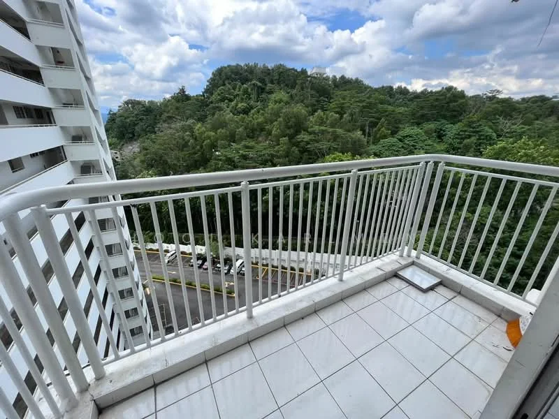 Room features: white tiled flooring, metal railing, balcony with outdoor view, surrounded by greenery, partial view of parking area; view: garden.