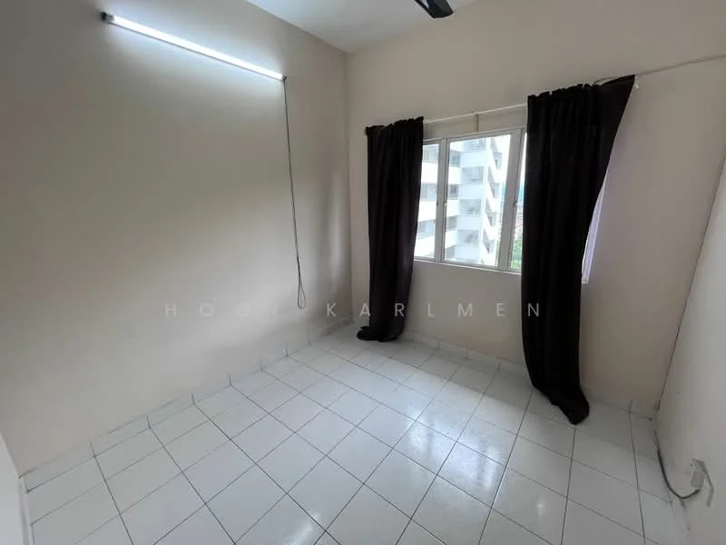 Room features: white painted walls, white tiled flooring, floor-to-ceiling window, blackout curtains, sheer curtains, ceiling light fixture, corner electrical outlet.