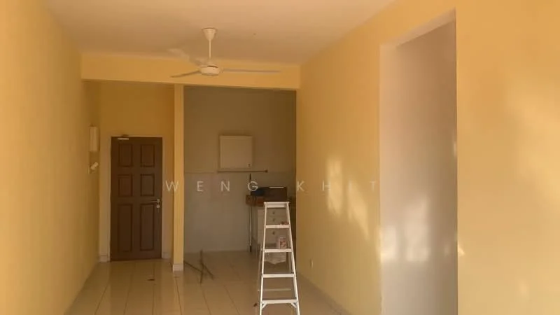 Room features: yellow painted walls, white ceiling, floor tiles, ceiling fan, door, ladder, wall-mounted cabinet, light source.