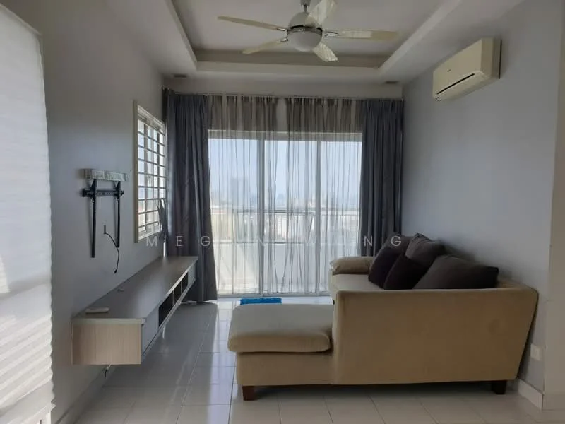 Living features: beige L-shape sectional sofa, wall-mounted TV console, floor-to-ceiling windows, sheer curtains, grey curtains, 5-blade ceiling fan with light, split air conditioning unit, white tiled flooring, crown moulding on ceiling; style: modern; view: city.