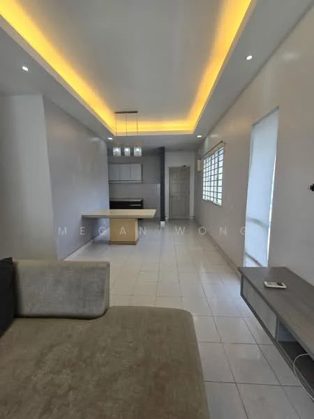 Living features: grey fabric sofa, white painted walls, recessed downlights, tray ceiling with LED strip lighting, ceramic tile flooring, large windows with sheer curtains, open layout to kitchen, wall-mounted TV console; style: modern. Kitchen features: kitchen island with countertop, white cabinetry, built-in oven, stainless-steel sink, chrome pull-down faucet, open shelving, black accent wall; style: modern.
